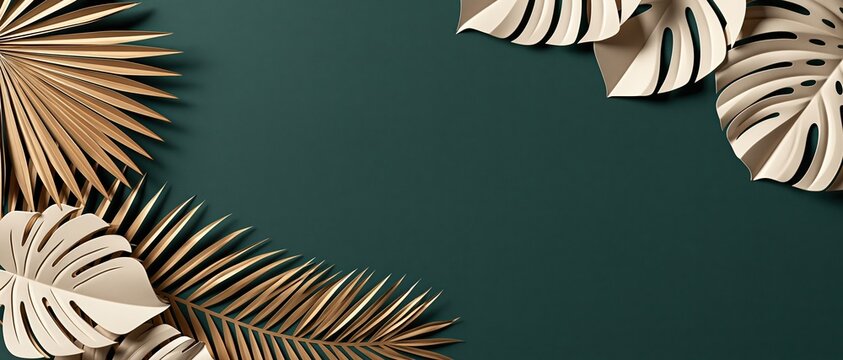 Sophisticated flat lay banner featuring golden palm fronds and cream monstera leaves on deep emerald. Perfect for luxury branding, spa, beauty, or summer event design with generous copy.