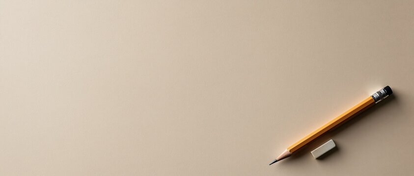 Creative simplicity for back to school campaigns and education concepts. Sharp yellow pencil beside a small eraser on warm beige, offering generous negative space for text overlay.