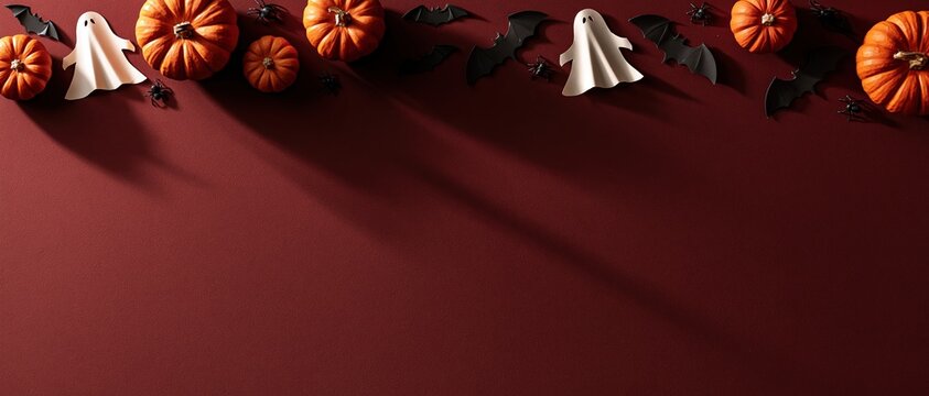 Spooky yet stylish Halloween banner with ample copy space. Orange pumpkins, white ghost cutouts, black bats and spiders arranged on deep burgundy red background, shot overhead.