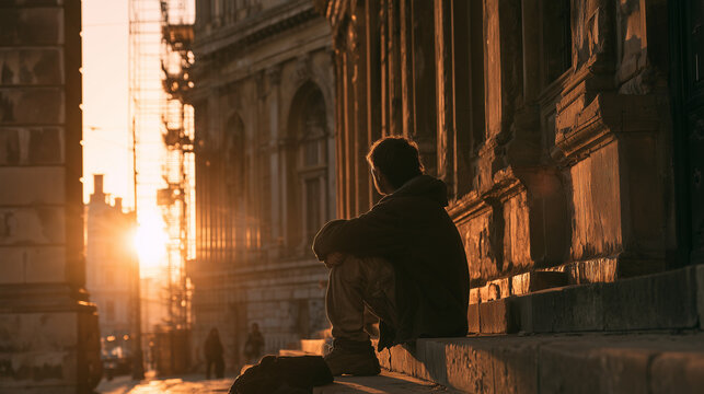 A homeless man looking toward the sunrise while sitting on the steps of an old building