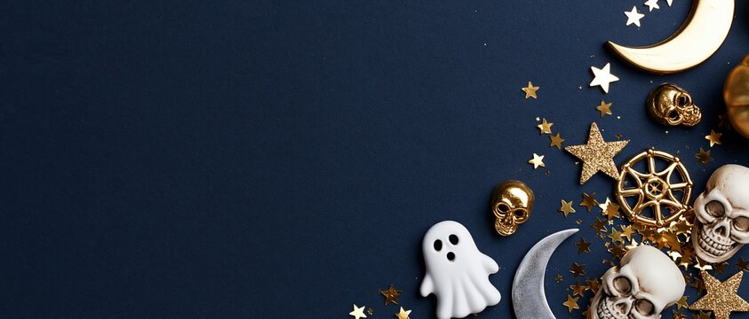 Luxury Halloween styling for designers gold and white skulls, crescent moon, ghost figurine, and star confetti on deep navy. Generous copy space for seasonal campaigns.