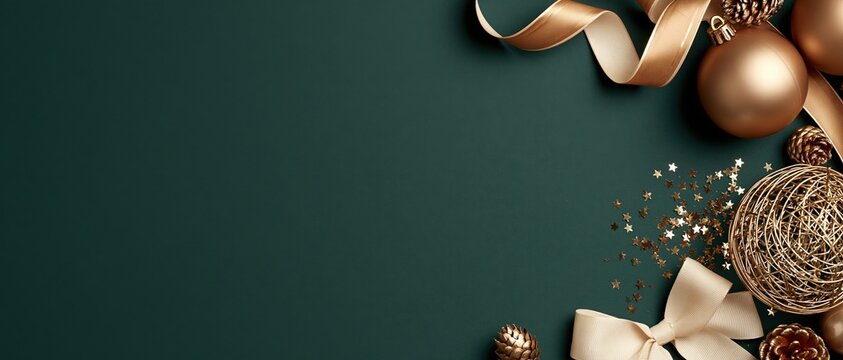 Elegant holiday banner with gold ornaments, satin ribbon, pine cones, and star confetti on deep emerald. Perfect for festive branding, seasonal campaigns, and new year promotions.