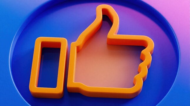 Orange thumbs up icon on blue gradient background. 3D social media like button symbol for digital engagement, online approval. Hand gesture sign represents positive feedback, success, user