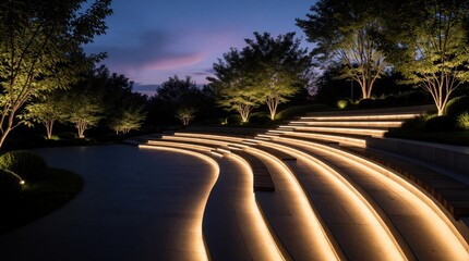 Fototapeta premium Modern outdoor amphitheater with illuminated tiered seating at dusk. Curved concrete stpic glow with warm light in urban park. Trees surround scenic open air venue under twilight sky. Beautiful