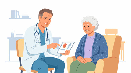 Fototapeta premium Doctor Consultation with Elderly Patient: A male doctor in a white coat with a stethoscope around his neck shows a tablet to an elderly woman sitting comfortably in a chair.