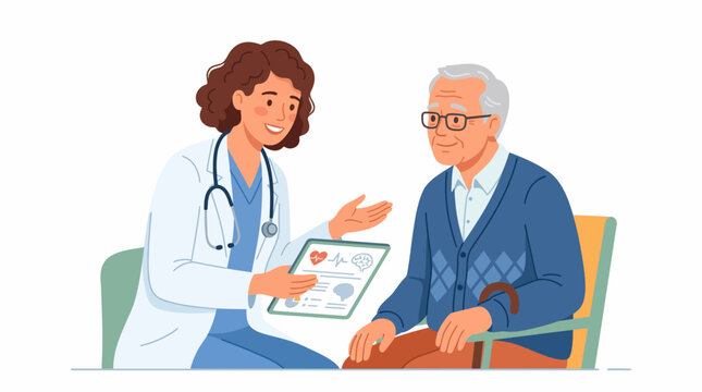 Doctor Discussing Health Report: A kind doctor, wearing a stethoscope and lab coat, consults with an elderly male patient, showing him a health report on a tablet.