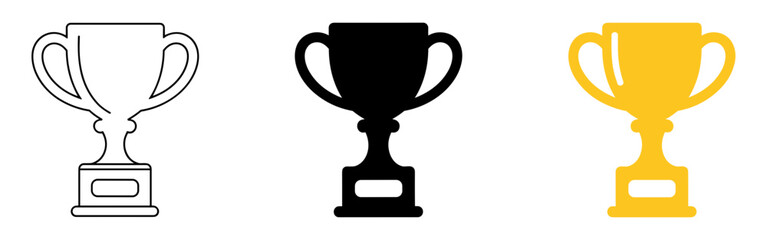 Fototapeta premium Collection of three trophy icons representing achievement victory and success presented in outline silhouette and solid color styles