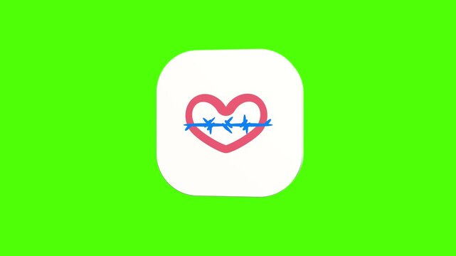 3D animated heart wrapped in barbed wire icon on a white rounded card with a green screen background. Smooth loop motion, perfect for mobile app UI, rock music symbol, and video editing elements. 