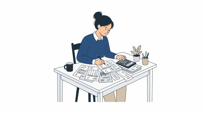 Financial Overload: A solitary woman pores over a desk cluttered with financial documents, bills, and a calculator, her brow furrowed in concentration.