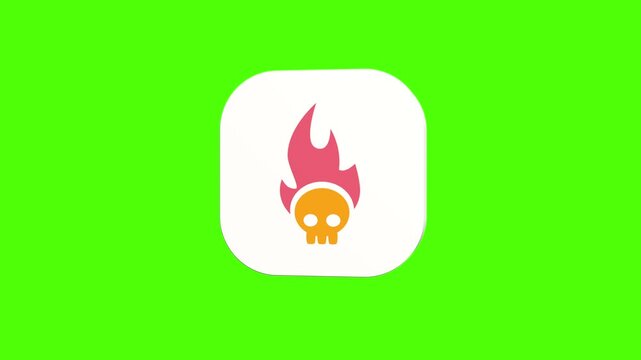 3D animated flaming burning skull icon on a white rounded card with a green screen background. Smooth loop motion, perfect for mobile app UI, heavy metal music, and video editing elements. 