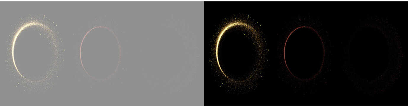 Luminous golden circle rings isolated on grey and black background. Abstract glowing gold halo rings overlay. Set of three luminous gold portal rings sequence
