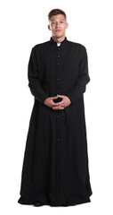 Young priest in cassock on white background