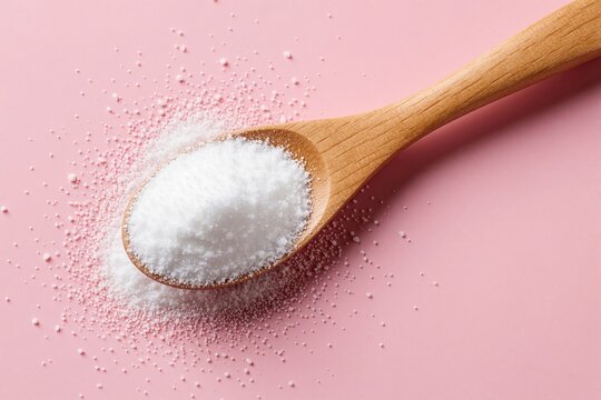 Wooden spoon with white powder on pink background. Closeup of salt, sugar cornstarch pile. Raw organic ingredient for baking cooking. Small granules spill out onto flat surface. Minimalist kitchen