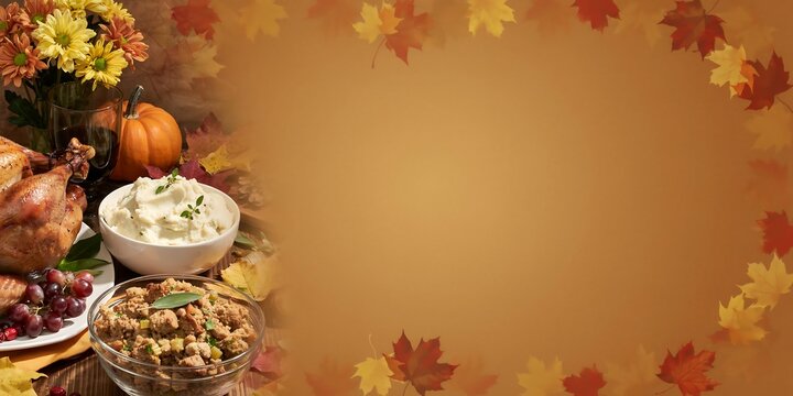 Thanksgiving Feast Background with Roasted Turkey, Side Dishes, and Autumn Leaves