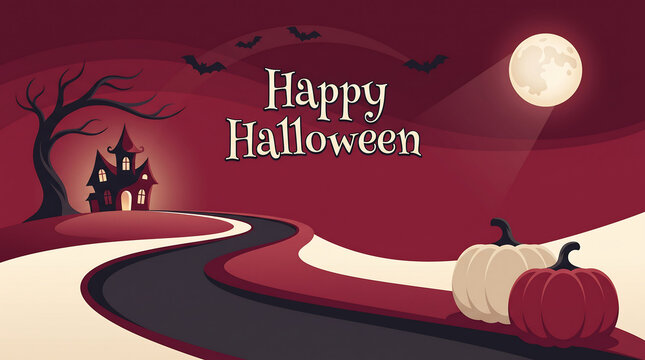 Halloween night scene with full moon, bat, and candy on curved road in spooky village