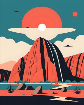 Mid century modern illustration of uluru rock formation glowing at...