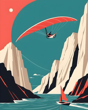Mid century modern illustration of hang glider soaring above...