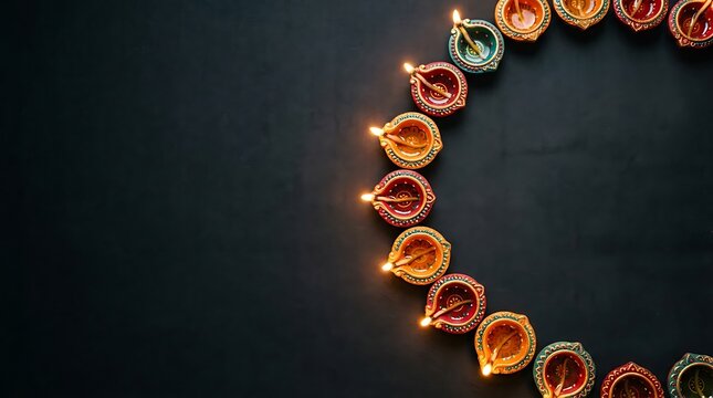A beautiful top view of glowing clay oil lamps arranged in a circular pattern for the traditional indian dewali festival