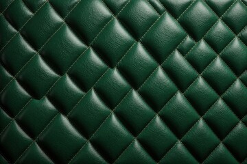Fototapeta premium Green leather upholstery with diamond quilted pattern. Elegant luxury fabric texture features embossed geometric shapes, neat stitching. Smooth dark emerald material surface for interior design,
