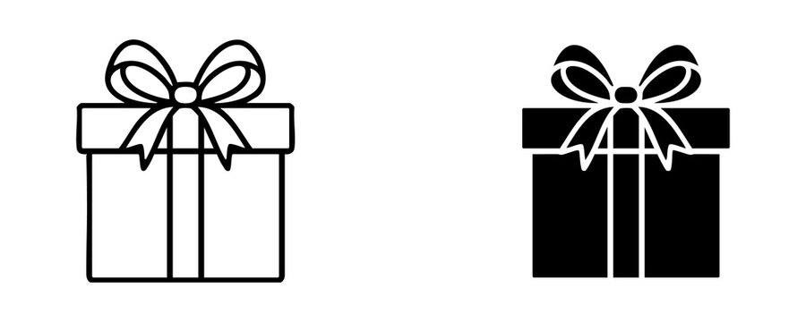 Outline and black gift box with a bow vector icon set for web design and holiday presents.