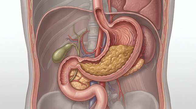Anatomical illustration of the human digestive system, focusing on the stomach, pancreas, and gallbladder