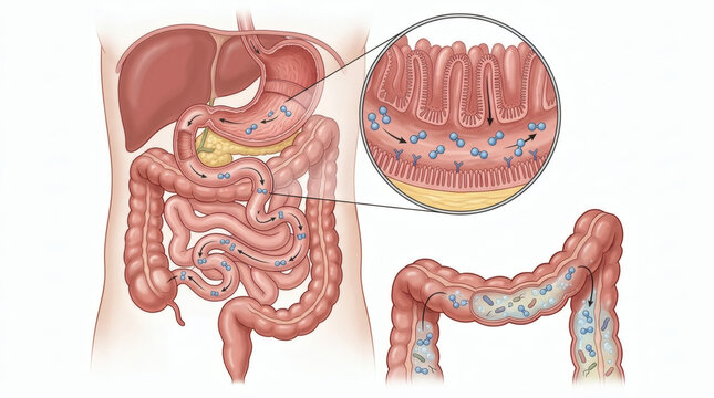 Illustration of the human digestive system, highlighting the intestines and stomach, with a magnified view of the gut microbiome. The image depicts bacteria within the intestinal lining and lumen