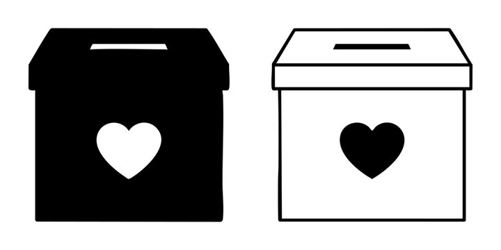 Donation box icons with heart symbol for charity and fundraising social contribution campaigns set.