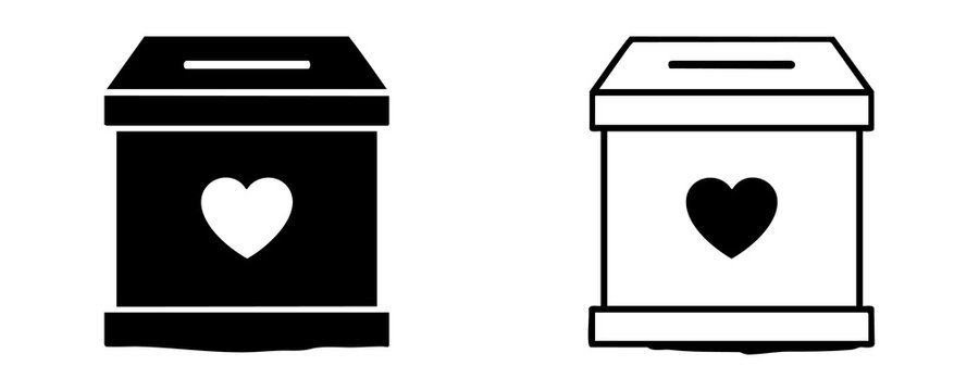 Charity donation box with heart icon and coin slot for fundraising and social support projects set.