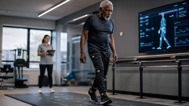 African american man patient walking on sensor mat during gait analysis with physiotherapist. Digital medical technology for motion tracking and rehabilitation in modern clinic.