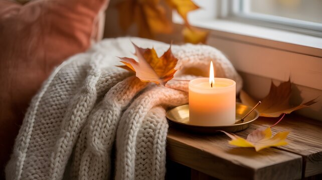 Glowing candle sitting on wooden windowsill beside soft white knitted blanket and vibrant autumn maple leaves