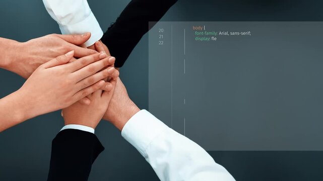 A visually striking image depicting multiple diverse hands coming together against a dark background, symbolizing unity, teamwork, and collaborative efforts in a professional atmosphere. Raster
