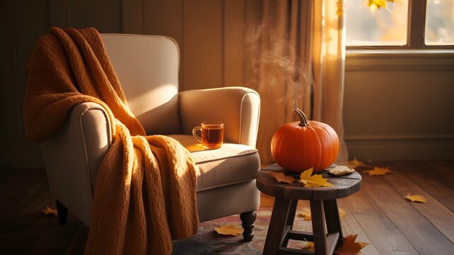 Cozy armchair draped with soft orange knitted throw blanket beside warm tea and autumn harvest pumpkin