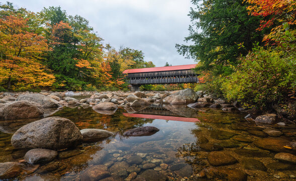 Autumn colors at the Albany Covered Bridge off the Kancamagus Highway - New Hampshire