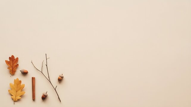 Dried autumn oak leaves with small acorns and cinnamon sticks arranged on a soft beige background