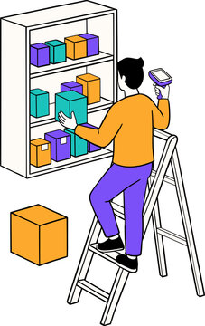 Warehouse Worker on Ladder Scanning Boxes with Barcode Scanner Vector