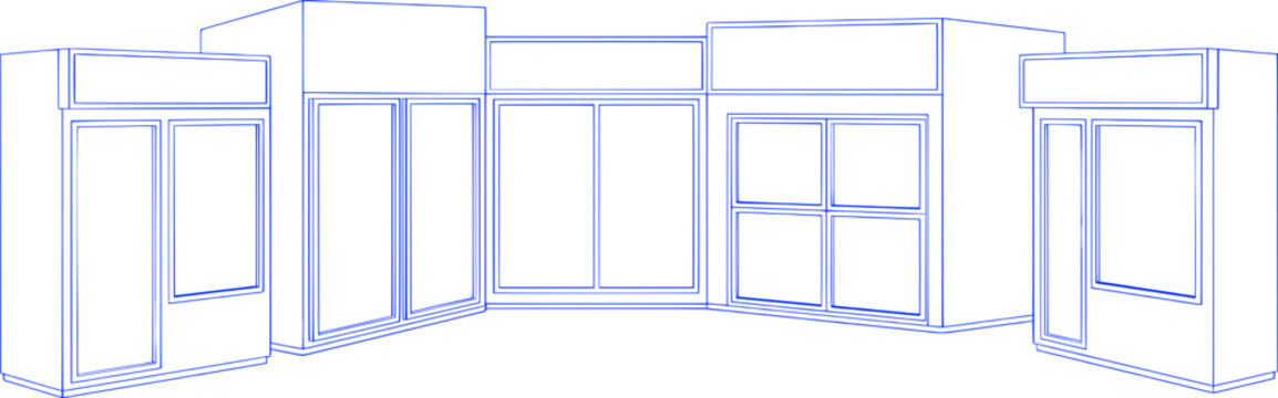 Commercial Retail Plaza Exterior Shop Fronts Line Art Vector Illustration