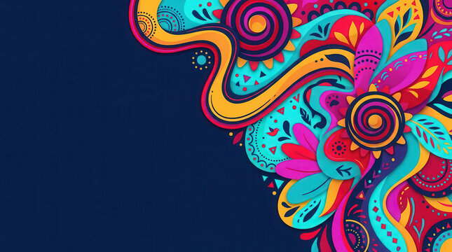 Hispanic Heritage Month cultural background with vibrant Mexican inspired folk patterns, colorful paisley motifs, floral ornaments and intricate decorative shapes on deep navy, celebrating heritage