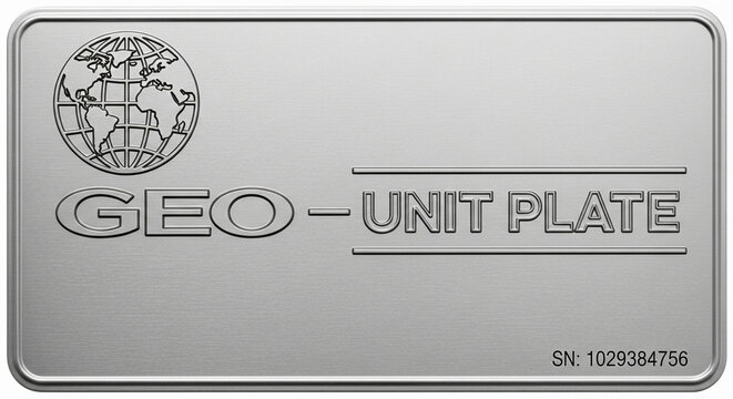 A metallic plate displays a globe symbol and the engraved text GEO UNIT PLATE while showcasing a unique serial number identifier that marks an industrial machine component for global cargo