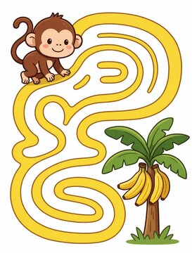 Cute monkey solves labyrinth maze puzzle to find banana tree. Fun kids activity sheet with cartoon animal character. Preschool educational game for children helps develop logic, motor skills.