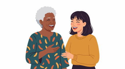 Obraz premium Intergenerational Connection: A joyful moment shared between an elder woman with grey hair and a younger woman, both laughing heartily and connecting across generations.