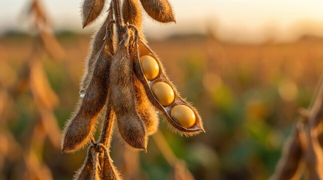 Ripe soybean pods hanging on the plant in a field at sunset, agricultural harvest concept