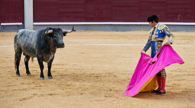 Spanish bullfighting tradition featuring a matador facing a black bull in a traditional arena, wearing an ornate traje de luces and holding a bright pink cape during cultural performance