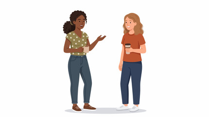Fototapeta premium Friendly Conversation Over Coffee: Two women of diverse backgrounds enjoy a relaxed chat while holding coffee cups, sharing a moment of connection and casual dialogue.