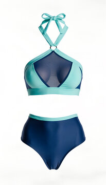 Mint And Navy Halter Bikini Set With A Sheer Mesh Front Cutout A Ring Detail At The Neck Thin Tie Straps And A High Waisted Bottom Floating With Body Shaped Volume On A White Background