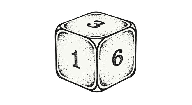 A hand-drawn illustration of a six-sided die showing the numbers 1, 3, and 6 on its visible faces.