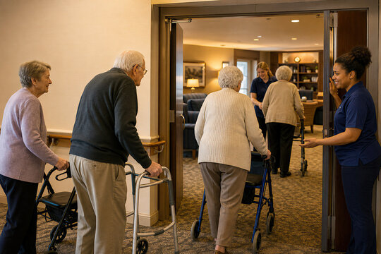 Caregiver assisting elderly people with walkers moving to safety during air alarm. Seniors evacuating to shelter in nursing home. Professional staff helping resident during emergency.