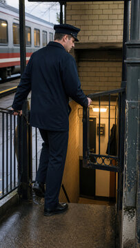 Man wearing uniform descending into underground shelter during air alarm. Railway worker going down stairs to hide during emergency. Safety concept and protection from danger situation.