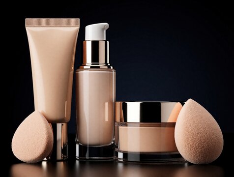 Various makeup products like foundation cream in a tube bottle and jar sit with soft sponges on dark background. Pro cosmetic items for makeup application.