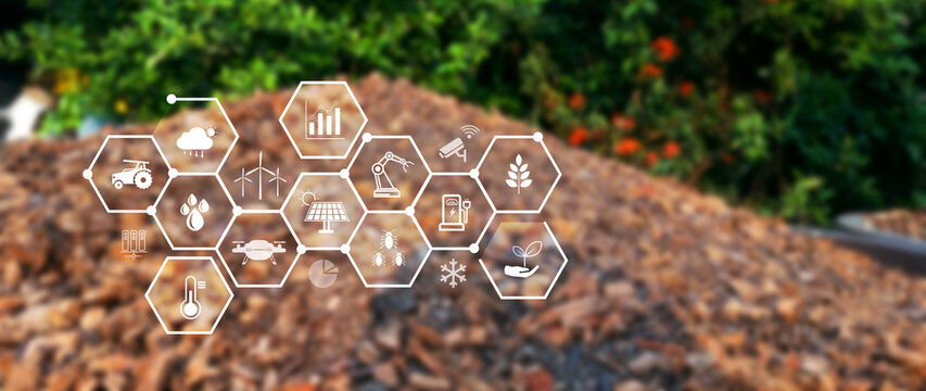 Smart agriculture and agritech concept. virtual agronomy infograph with IoT, sustainable energy icons, Agribusiness innovation and smart farming management. not ai
