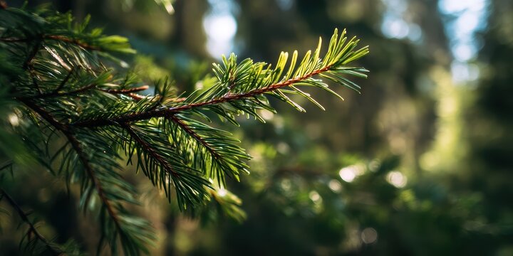 Closeup of a pine tree edge with slender branches and thin green needles illuminated by sunlight, set against a blurred dark forest backdrop